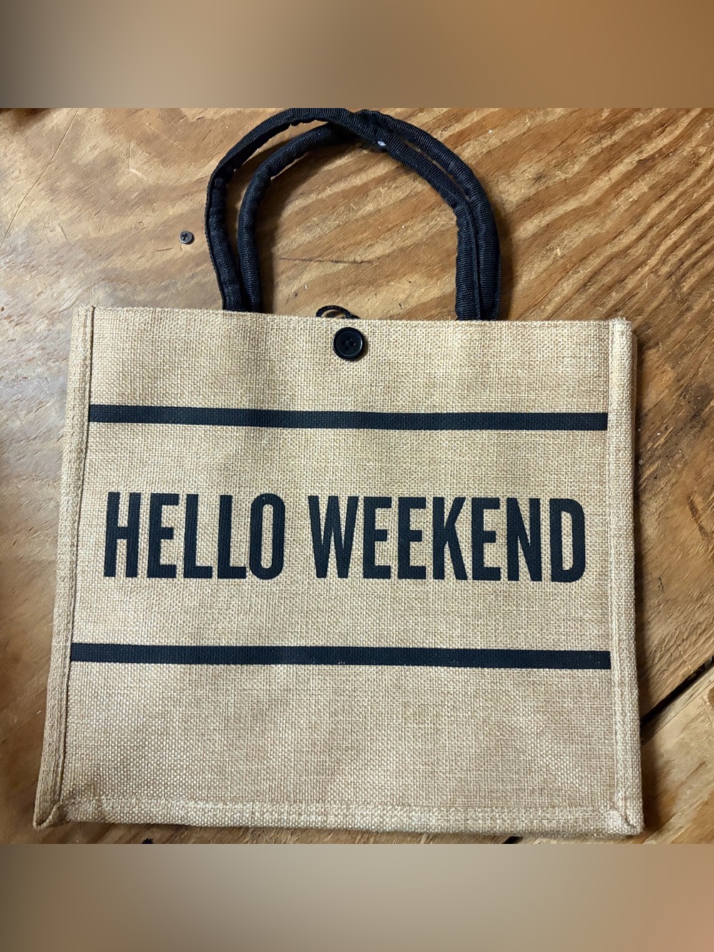 Beige "Hello Weekend" Canvas Tote Bag with Black Handles